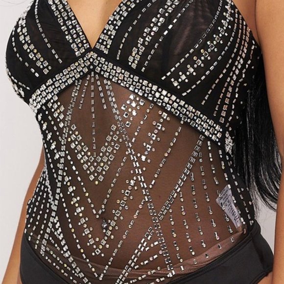 Black Rhinestone Sleeveless Halter Neck Bodysuit - Picture 6 of 14